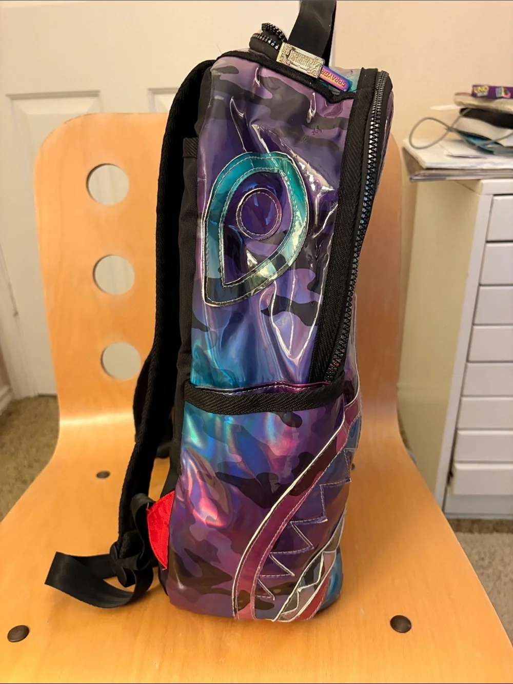 Sprayground Holographic Teal Purple Pink Camo Shark Backpack.